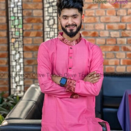 Pink With Contrast Premium Cotton Punjabi