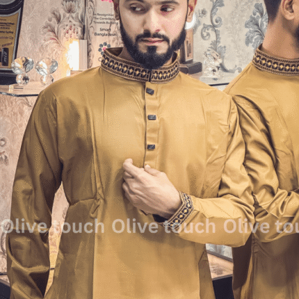 Brown with Black Embroidered Premium Cotton Panjabi
